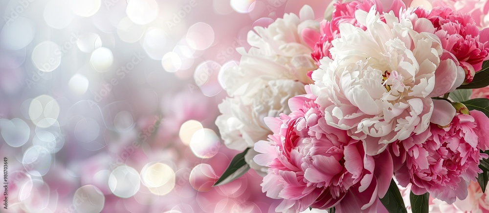 Poster pink and white peonies creating a stunning display on a bright backdrop with room for text or other 