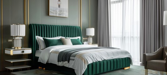 Bedroom with double bed, white light interior design