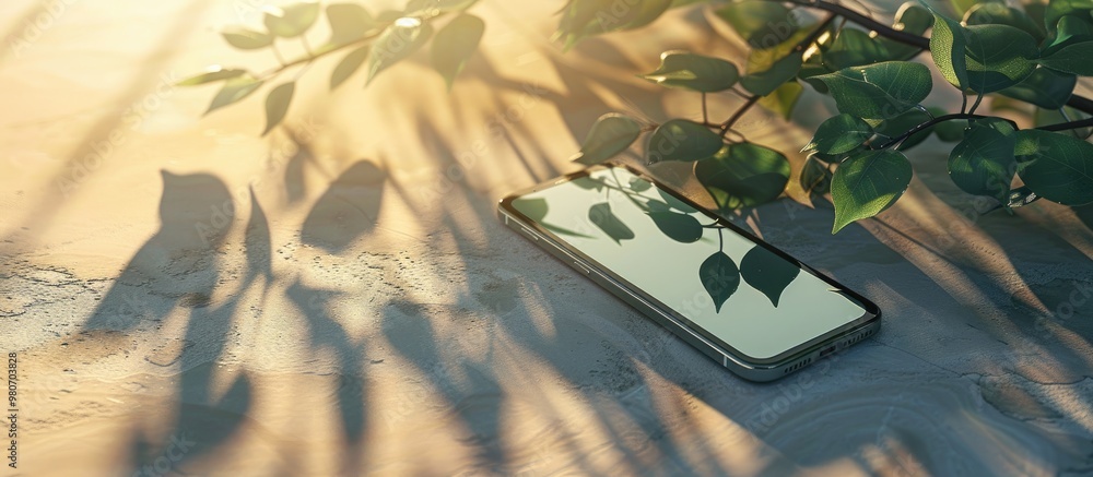 Poster a smartphone mockup showcasing online card templates and designs against a soft sunlit background wi