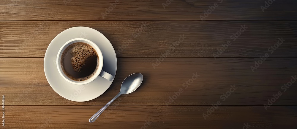Poster cup of black coffee with spoon on dining table with empty space for text or image. with copyspace im