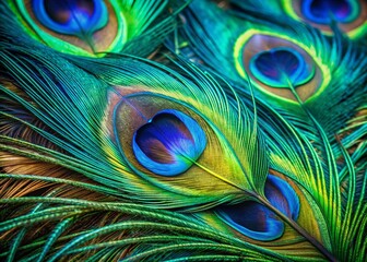 Fototapeta premium Vibrant iridescent blues and emerald greens swirl together in mesmerizing patterns on a macro close-up of an abstract peacock feather's exotic texture.