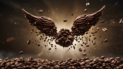 Coffee Beans with Majestic Angel Wings Soaring Above a Coffee Bean Pile