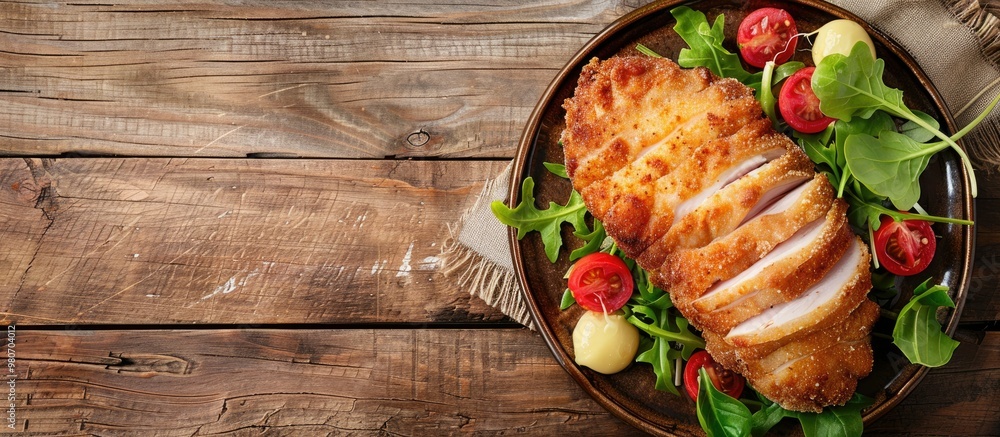 Poster rustic top view appetizer displaying a fresh natural cutlet cordon bleu with chicken ham and cheese 