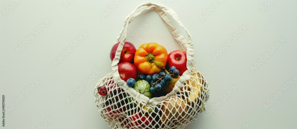 Wall mural zero waste lifestyle concept depicted by cotton mesh bag filled with fruits and vegetables promoting