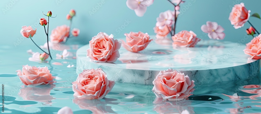 Poster flat lay with a stunning display of rose flowers and a round podium floating in water against a ligh