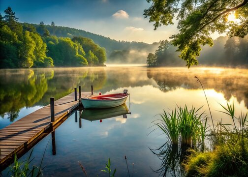 Peaceful morning scene with misty lake reflections, calm water, and a solitary fishing boat waits patiently at the dock surrounded by lush greenery and silence.