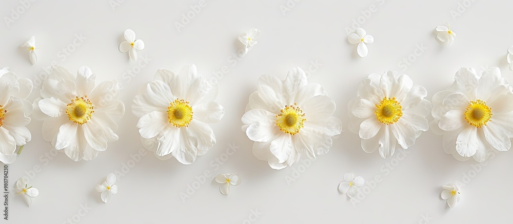 Aufkleber fresh and beautiful white flowers with yellow centers elegantly aligned in a row on a white backdrop