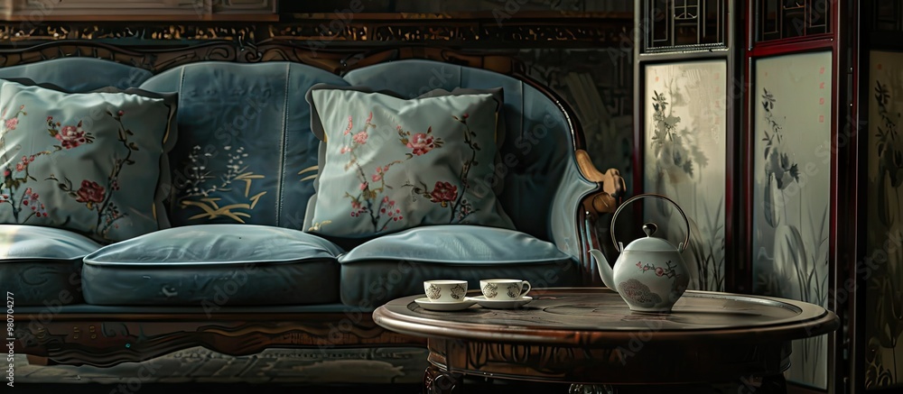 Aufkleber indoor setting with a teapot and cup on a table along with a sofa and folding screen offering a plac