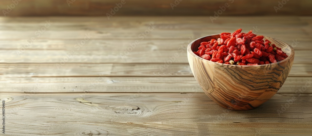 Poster a bowl of red dried goji berries on a light wooden table emphasizing their superfood status with a h