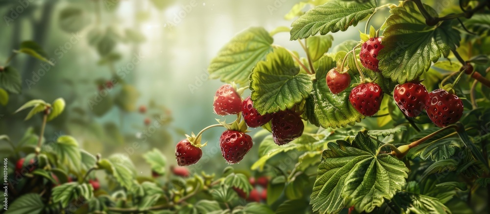 Poster harvesting wild berries like strawberries in the summer forest with a serene natural setting in the 