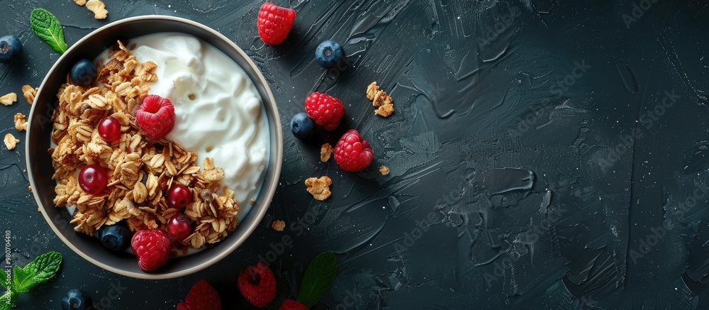 Poster top view of a delicious bowl of granola with berries and yogurt on a textured dark table offering sp