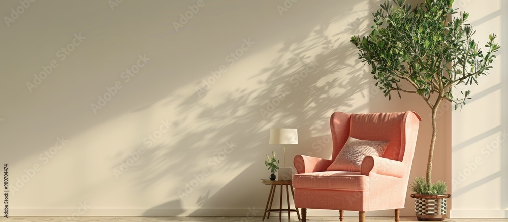 Poster pink armchair with a vibrant olive tree cozy pillows and a stylish lamp on a neutral beige backdrop 