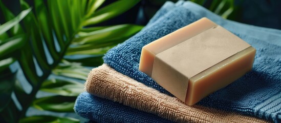 Top view of a beige soap bar with a blank label placed on blue folded towels by a green plant presenting a brand packaging mockup in a natural setting with copy space image