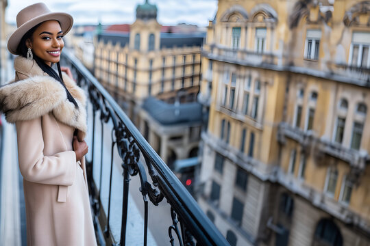 elegant woman in faux fur, hat, fancy earings and luxury dress smiling on balcony of european city; concept of high fashion, traveling, enjoying life; copy space  - Powered by Adobe