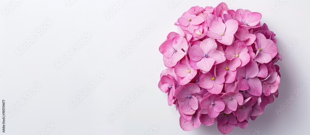 Aufkleber top view pink hydrangea flower against a white background with a blank space for text ideal for flat