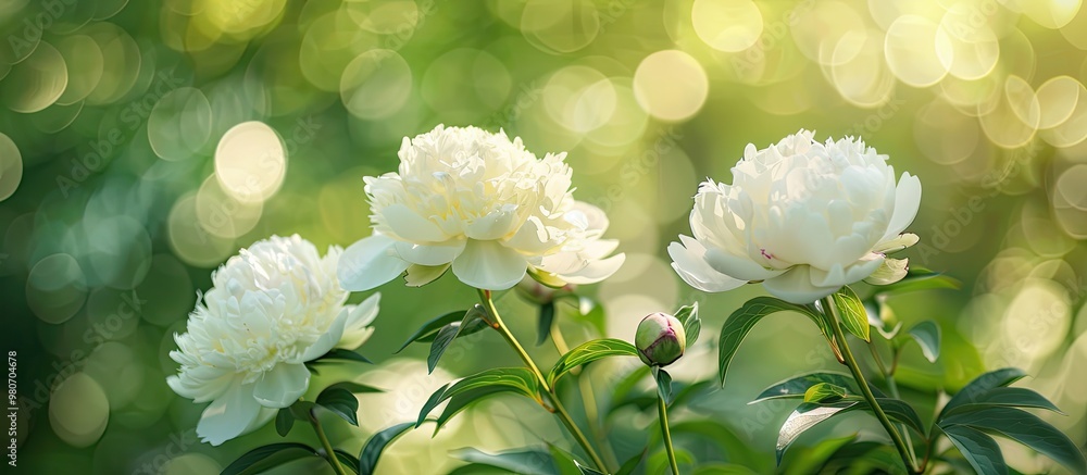 Poster white peonies in full bloom in a charming spring garden setting with a green backdrop the image feat