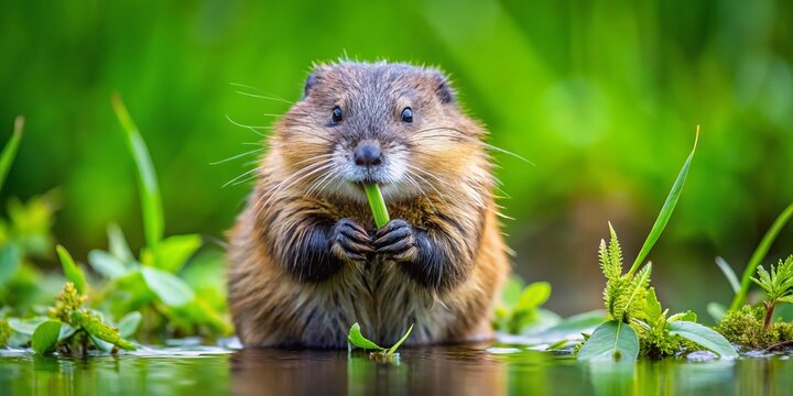 The brown muskrat proudly holds a bouquet of aquatic vegetation in its paws, against a lush green background,