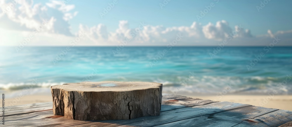 Poster tree stump table with empty surface for items against a scenic beach backdrop ample copy space image