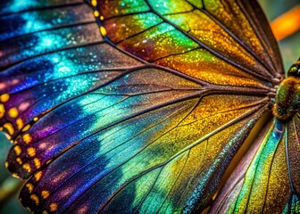 Vibrant macro shot of a butterfly's delicate wing scales, showcasing intricate patterns, shimmering iridescence, and stunning colors, highlighting nature's masterful craftsmanship.