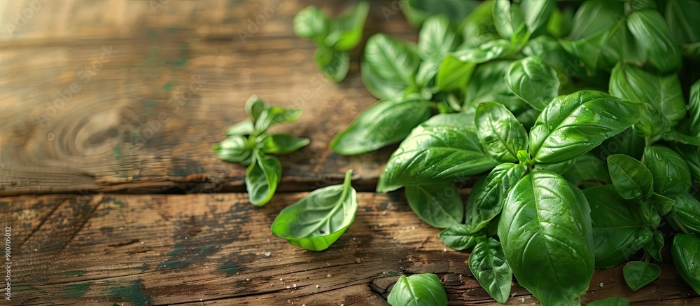 Poster fresh basil essential oil with leaves displayed on a textured wooden surface for aromatherapy featur