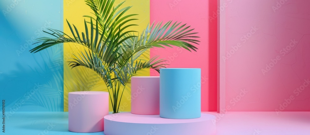 Poster podium set for product photoshoot on a colorful background with copy space image