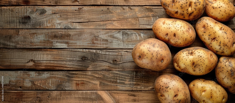 Poster freshly harvested organic potatoes displayed on a rustic wooden background making it ideal for vegan