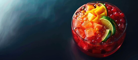 A traditional Korean watermelon punch cocktail called Subak Hwachae garnished with a variety of fruit slices and tapioca boba pearls Served in a glass and bowl perfect for parties with copy space ima