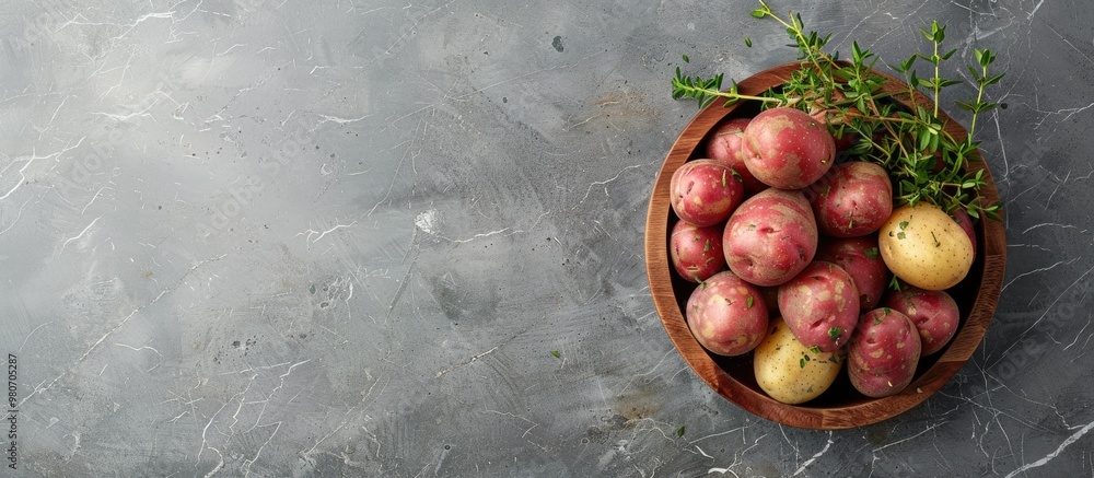 Poster wooden plate with assorted raw potatoes and thyme on a gray backdrop with ample copy space image