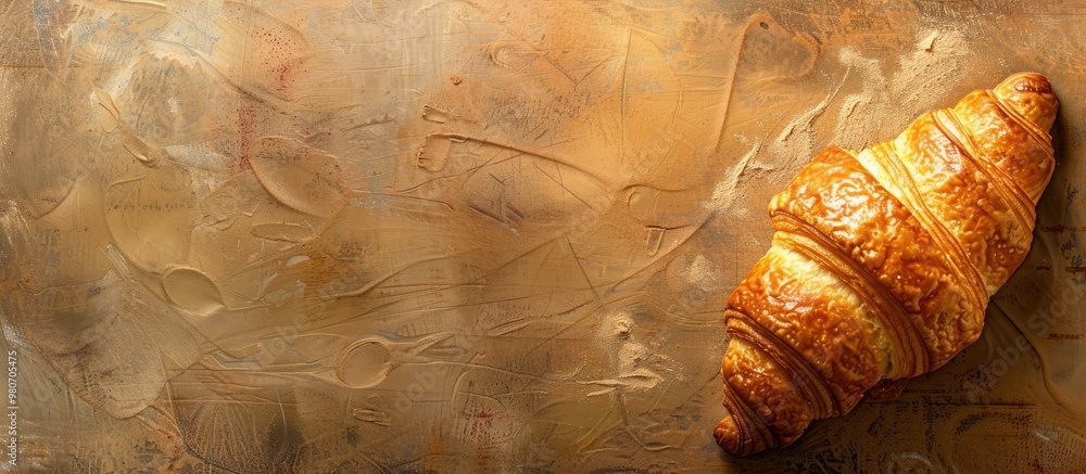 Poster rustic top view of a delicious croissant on a table with copy space image of bakery items