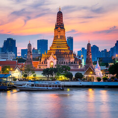 Naklejka premium A panoramic view of Bangkok, Thailand. The iconic Wat Arun temple with its distinctive red and white towers is reflected in the river. The temple is illuminated with warm lights. 