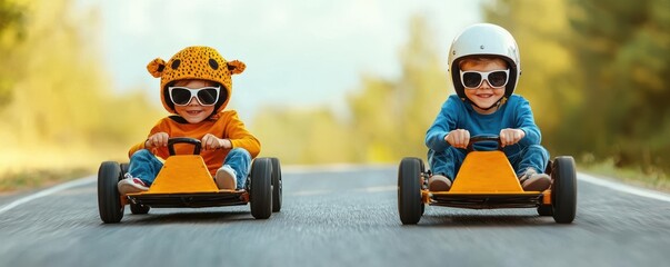 Children racing soapbox cars down a hill, the cars designed like wild animals, symbolizing creativity and the thrill of play, Kids, play, racing, creativity