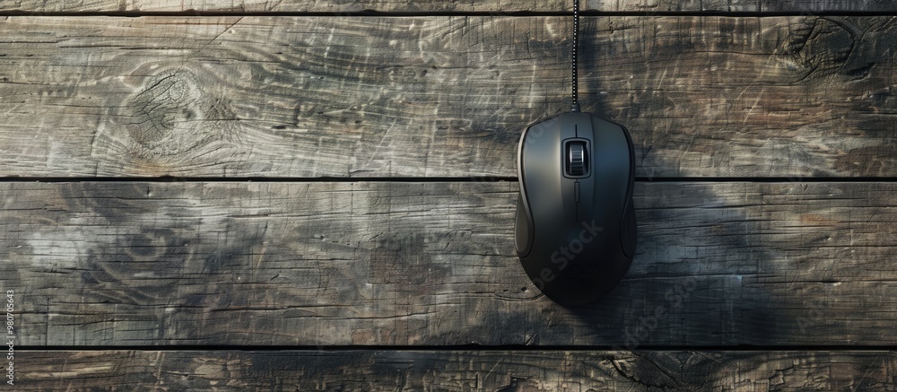 Poster above view of a single wired mouse on a grey wooden table featuring copy space image