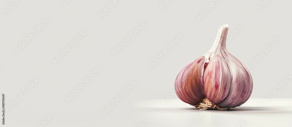 Poster close up of a single garlic clove with copy space image on a white backdrop