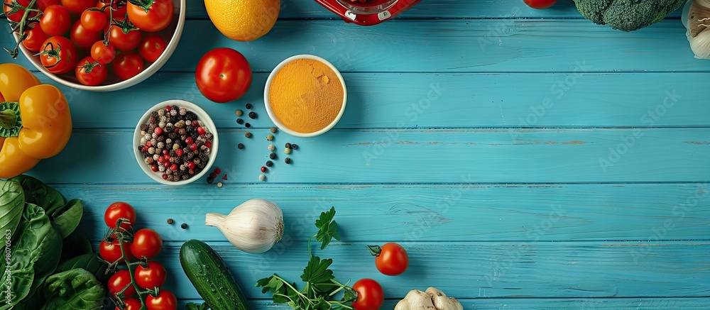 Aufkleber vegetarian protein source displayed on a light blue wooden surface with fresh fruits and vegetables 