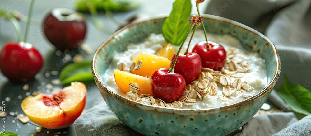 Poster a close up image of creamy yogurt nectarine slices cherries and oat porridge in a bowl with ample co