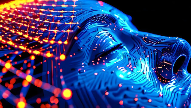 Visually represent the flow of data or light in the form of a human, Add digital patterns or flows around the human head to make it look like the AI ​​is understanding human thoughts.