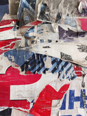 Obraz premium Vertical torn and ripped street poster background, messy and retro weathered paper collage