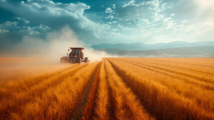 Naklejka premium Tractor Working in a Field of Ripe Wheat on a Sunny Day. Generative AI