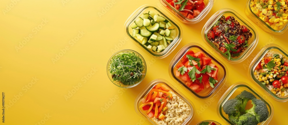Poster glass containers holding various healthy meals on a yellow surface in a flat lay composition with av
