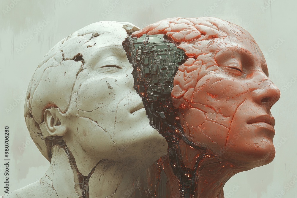 Aufkleber abstract sculpture of intertwined human faces and exposed brains representing the fusion of human co