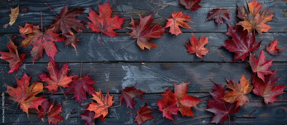 Poster aerial shot of vibrant fall maple leaves displayed on a rustic table featuring a blank copy space im