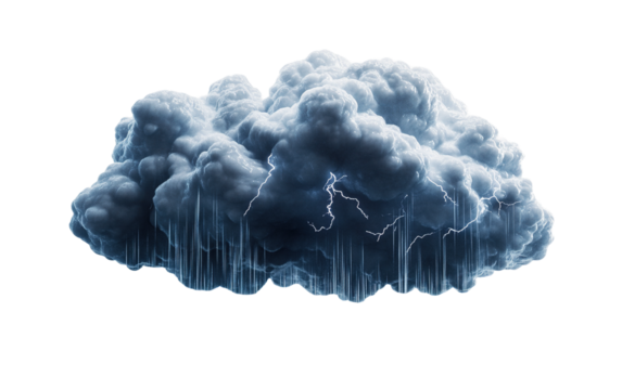 Dark rainy stormy cloud with lig isolated on white or transparent background