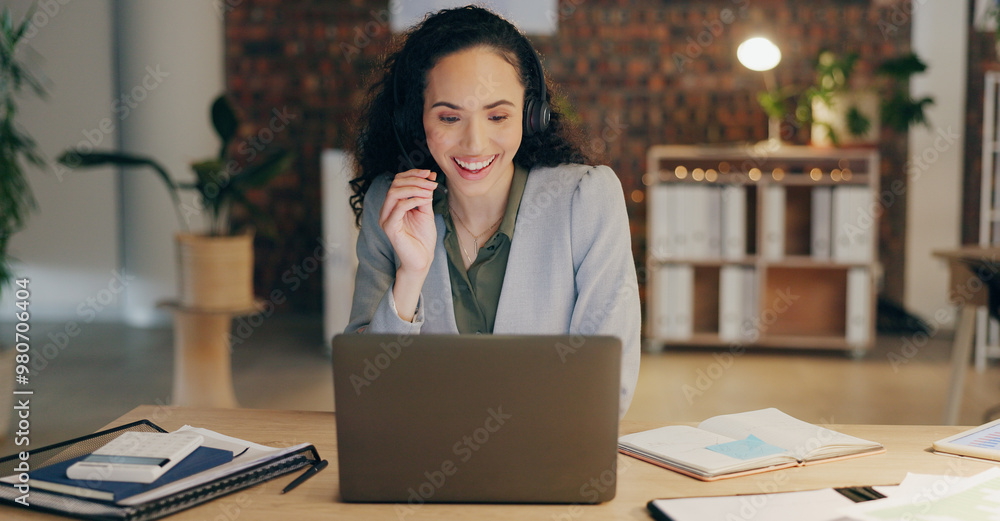 Poster Video call, contact and woman with headset, laptop or crm in office for late night webinar. Consultant, advisor or virtual assistant with online meeting, networking or business plan at digital agency