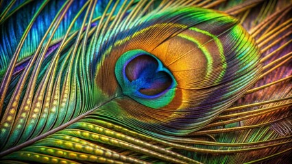 Obraz premium Vibrant iridescent colors shimmer on a stunning peacock feather, showcasing intricate patterns, delicate barbs, and lush textures in exquisite high-definition detail.