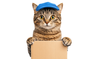 Delivery post cat wearing red cap isolated on white or transparent background
