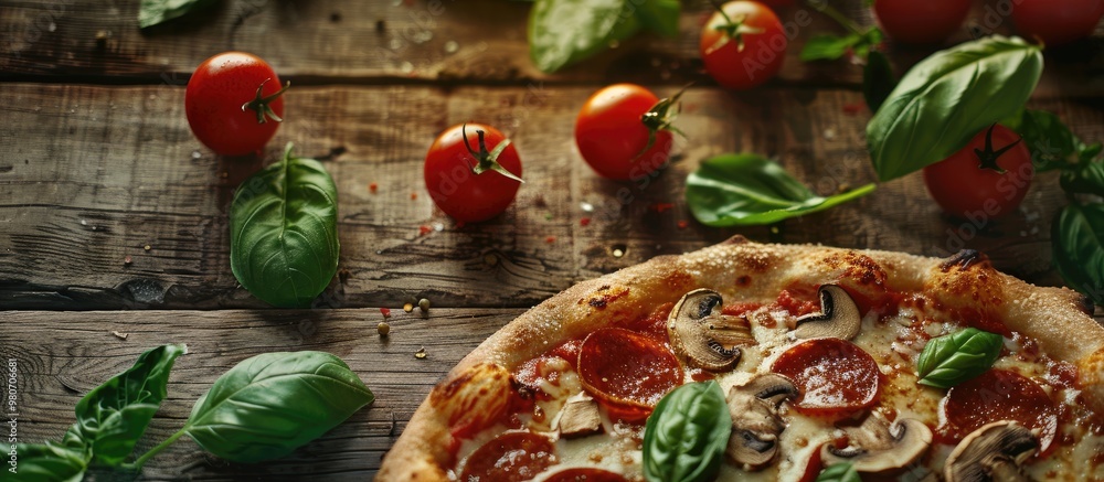 Poster close up of a tasty pizza with tomatoes mushrooms and basil on a wooden surface ideal for adding tex