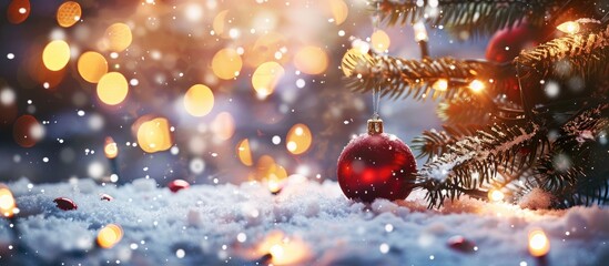 Winter Christmas themed background featuring snow blurred bokeh and a greeting card for Christmas and New Year with copy space image