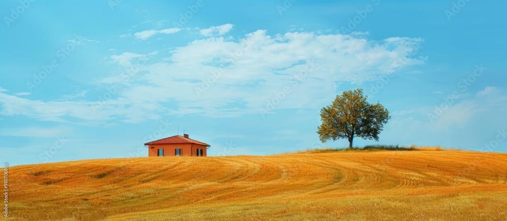 Poster a picturesque scene featuring a blue sky a building and a tree with ample copy space for additional 
