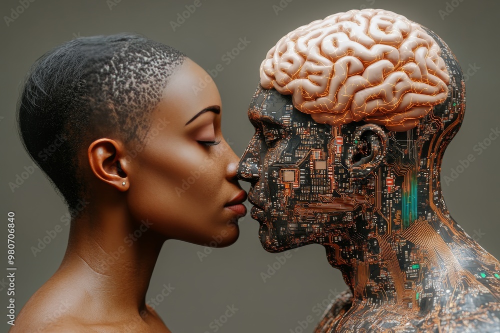 Aufkleber side profile of a woman and man facing each other with exposed brains symbolizing neural communicati
