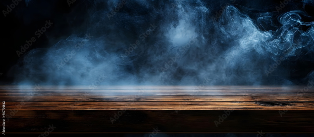 Poster a dark background enhances the visual appeal of an empty wooden table with smoke rising creating an 